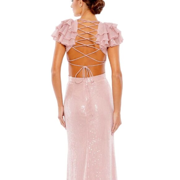 MAC DUGGAL 10829 SEQUINED RUFFLED CUTOUT LACE UP BACK ROSE GOWN sz 6 - Picture 2 of 4